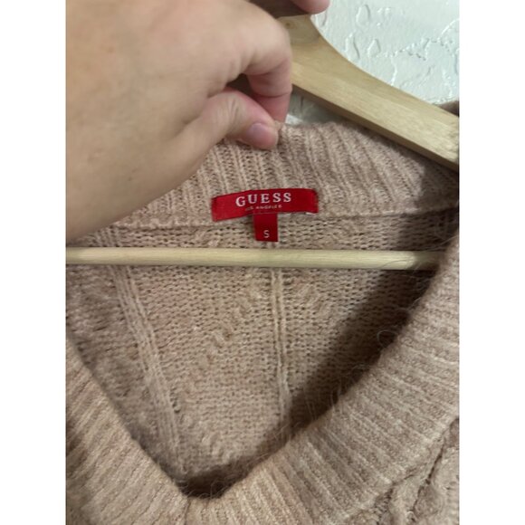 Guess Light Pink Cable Knit Relaxed V Neck Fisherman Chunky Sweater - Picture 6 of 8